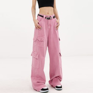 美式街頭直筒牛仔工裝褲女秋冬加絨韓版寬松顯瘦拖地褲闊腿休閑褲