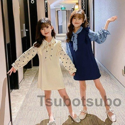 子供服 ワンピース 長袖 春秋 女の子 キッズワンピース ドット柄ワンピース 蝶結び チュニック 子供ドレス ジュニア ベビー服 おしゃれ 可愛い 誕生日 新品 160