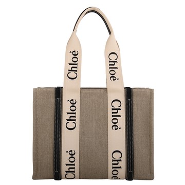 CHLOE WOODY 系列字母LOGO 帆布手提/斜背兩用包(卡其x墨藍)大款