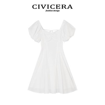 CIVICERA泡泡袖小個子法式連衣裙女收腰顯瘦高級感茶歇裙子女夏季