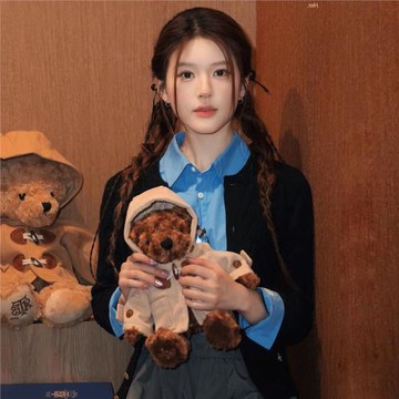 趙露思同款衣服藍色短款襯衫上衣女早秋季新款設計感疊穿開衫毛衣