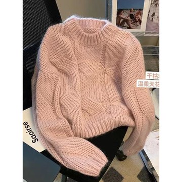 春季2026新款爆款小個子慵懶風套頭毛衣粉色針織女高級感上衣秋冬