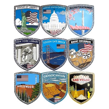 A-ONE 美國 旅遊貼紙 一套9小張 各國旅遊蒐集紀念地標貼紙  銀蔥彩色  6 x 7.5cm