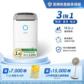 ★送2年份濾網+享節能補助$1200★飛利浦 14.2L抗敏清淨除濕機-柔霧奶茶(DE5306/86)-適用18坪