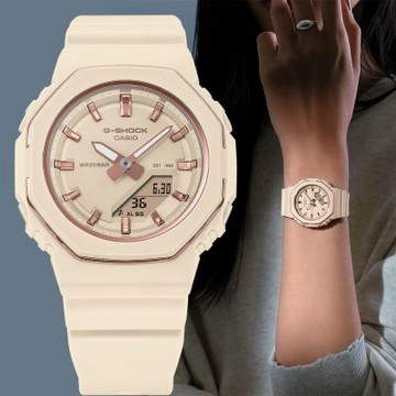 CASIO 卡西歐 G-SHOCK 八角纖薄金屬邊 雙顯手錶 電子錶 女錶 禮物 暑期質感選物 送禮首選-粉米色 GMA-P2110-4A