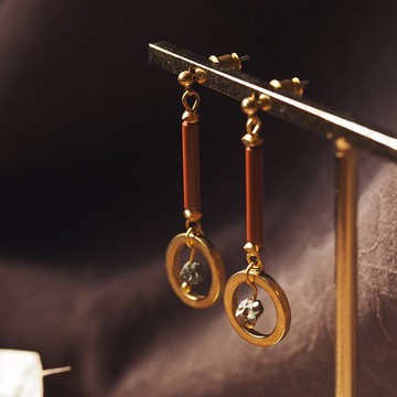 橘棕陶瓷管珠 黃銅鐵礦耳環