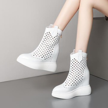 12CM厚底內增高女靴夏季薄款短靴真皮漆皮鏤空網靴白色超高跟涼靴