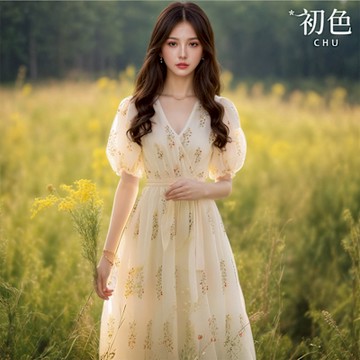 初色 甜美風碎花V領短袖泡泡袖中長連衣裙連身洋裝-黃色-12291(M-2XL可選)