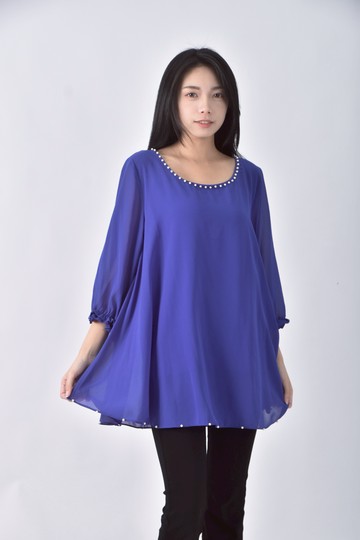 (L) fi shing fashion薄紗寬鬆珍珠藍色長袖上衣