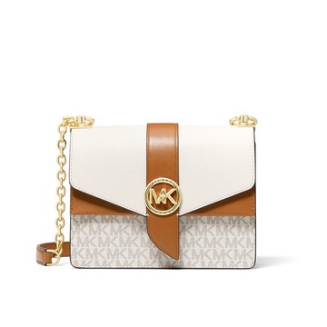 MICHAEL KORS Greenwich 小號拼色徽標和十字紋皮革斜跨包 斜背包女士單肩包 32S1GGRC0B   ~【 購物節優惠 ★ 菲尼斯 國際精品 3折起 】