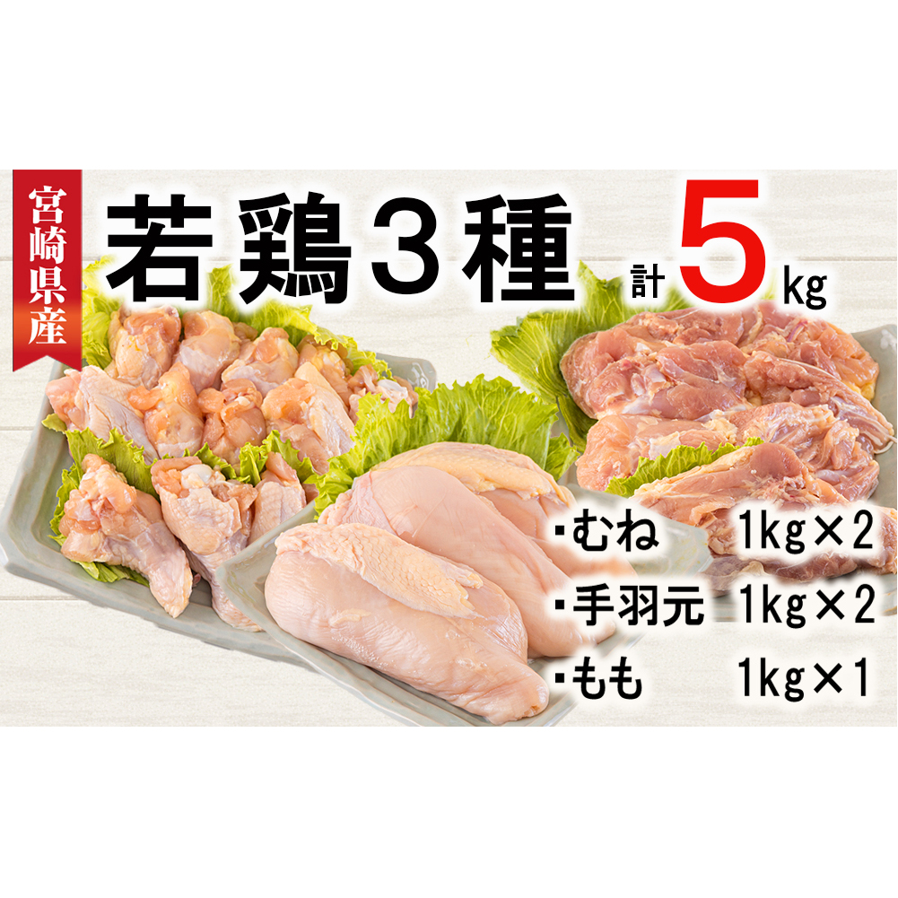 宮崎県産 若鶏 むね 手羽元 もも 合計5kg 1kg包装 小分け 鶏肉 冷凍 送料無料 炒め物 煮込み 調理 料理 大容量 真空 胸 ジューシー ヘルシー 唐揚げ からあげ チキン南蛮 照り焼き 甘