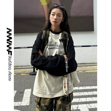 【MNMF】🌷新品熱銷🌷高品質熱銷【230克精梳純棉後包領】拼色印花插肩袖 內搭打底衫 設計款