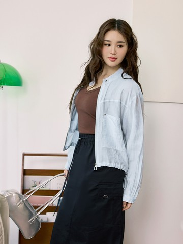 小立領造型口袋腰抽繩拉鍊外套