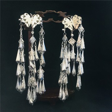漢服配飾 對夾 苗銀長流蘇蝴蝶發夾古風發飾銀鈴古裝民族頭飾銀