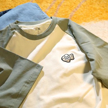 Upch 貓不再吃魚因它愛上了魚 刺繡休閑日系插肩短袖男女情侶上衣