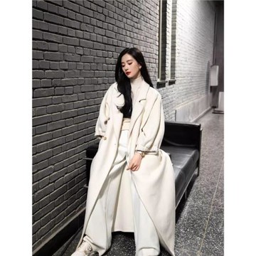 劉詩詩明星同款白色羊絨大衣氣質中長款寬松休閑羊毛外套2024新款