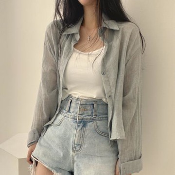 韓國chic夏季法式復古簡約純色褶皺紋理長袖襯衣寬松薄款防曬襯衫