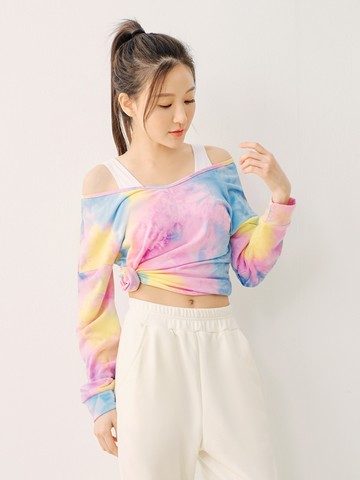 扎染落肩大v領短版長袖上衣