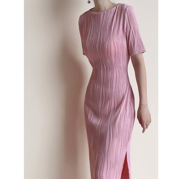 法式連衣裙女夏季2024新款設計感小眾氣質修身顯瘦粉色中長款裙子