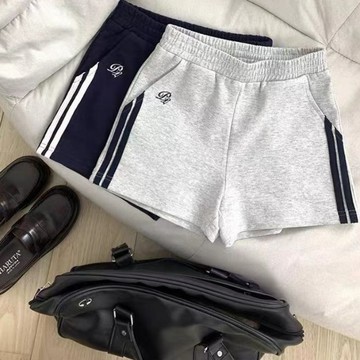 運動短褲女  美式條紋拼接運動短褲女2026夏季新款高腰顯瘦百搭寬鬆休閒闊腿褲WH