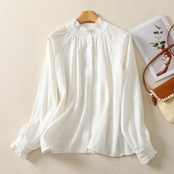 【ACheter】法式花邊領全棉緹花長袖襯衫百搭顯瘦白色短版上衣# 124422