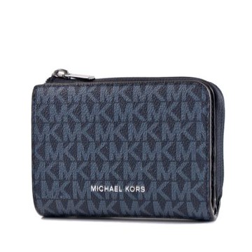 MICHAEL KORS 男款 COOPER 緹花LOGO防刮零錢袋對開釦式短夾-藍色