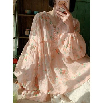 商城熱賣⭐燈籠袖防曬   復古小碎花  法式復古v領小碎花襯衫女春夏高級感氣質減齡燈籠袖防曬棉...