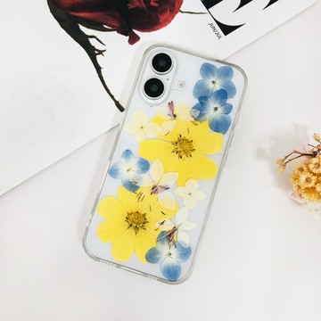 天然黃藍白花手工押花手機殼iPhone 16 Pro Max Samsung S25