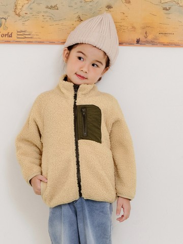 羊羔毛配色口袋小立領外套