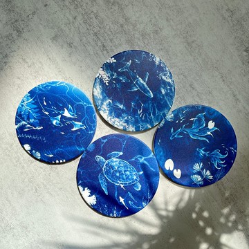 【波光粼粼】印刷藍曬-海洋生物/海龜/鯨魚/吸水杯墊