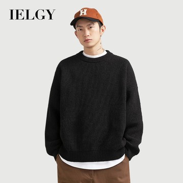 IELGY 毛衣男秋冬季基本款素色寬鬆圓領針織衫外套