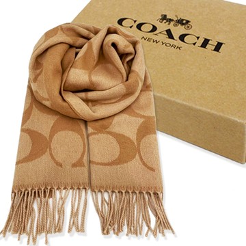 【COACH】大C LOGO喀什米爾混羊毛圍巾附禮盒(咖)