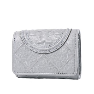 TORY BURCH 專櫃款 FLEMING 粒面絎縫菱格釦式三折短夾-灰色