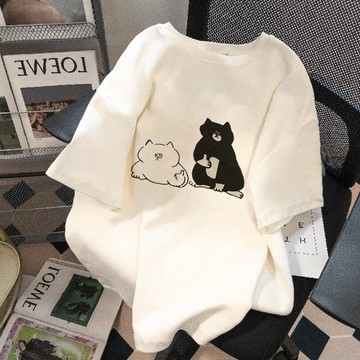 【FOH】100%純棉短袖 日系vintage 趣味卡通猫咪印花上衣 寬鬆oversize上衣 男女款短袖 棉質上衣