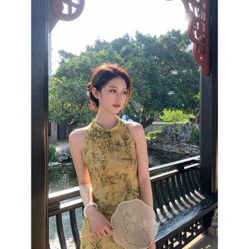 女夏季掛脖印花雪紡中國風旗袍裙