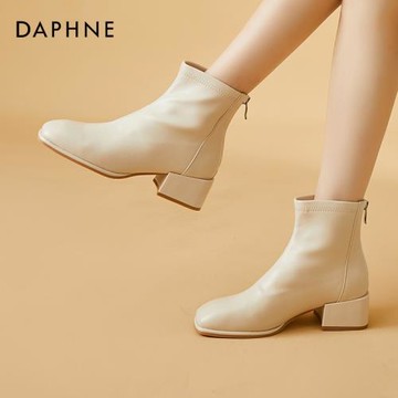 達芙妮白色法式短靴女秋冬切爾西靴女粗跟馬丁靴方頭加絨瘦瘦靴子