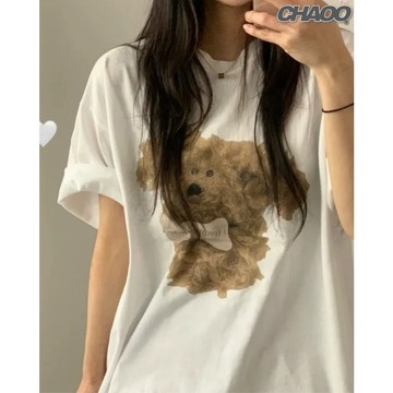 巨巨巨喜歡！ 短袖上衣 正韓短袖 泰迪小熊 印花T恤 白色上衣 韓國 t恤 潮牌 女生衣服 夏季女裝 顯瘦穿搭 個性上衣