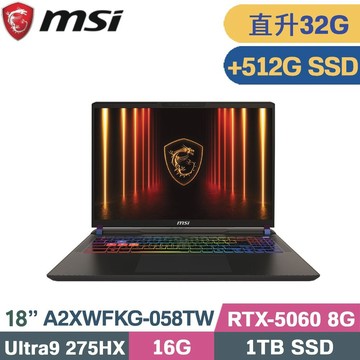 MSI Crosshair 18 HX AI A2XWFKG-058TW (CU9-275HX/16G+16G/1TB+512G/RTX5060-8G/W11/18)特仕