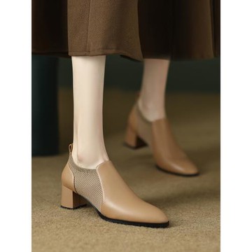 法式復古小短靴女2025新款春秋單靴真皮粗跟小皮鞋高跟單鞋及踝靴