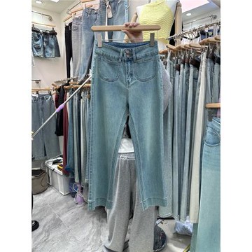 2025年夏季新款韓版修身高腰兩扣設計通勤休閑百搭九分直筒牛仔褲