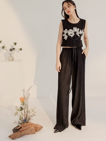 皺皺紋理抽繩綁帶直筒寬褲