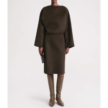 北歐小眾女裝新款 設計感優雅一字領挺括雙面呢廓形上衣半裙套裝