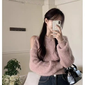 🍂秋冬上新 韓系慵懶ins寬松百搭毛衣 休閒保暖針織衫 新款圓領露肩氣質設計寬鬆長袖上衣針織衫短款慵懶毛衣