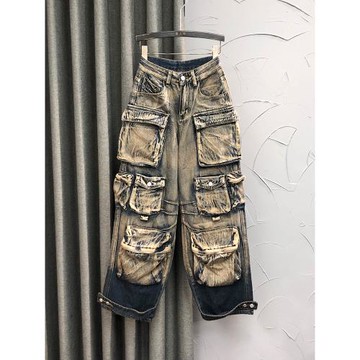 歐洲站復古高腰休閑工裝牛仔褲女2025春季時尚個性潮流闊腿拖地褲