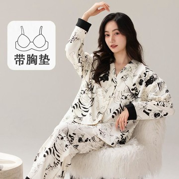 【臺灣出貨】帶胸墊睡衣女款 春秋季V領開衫睡衣兩件套 可外穿卡通可愛居家服 秋冬新款長袖家居服套裝