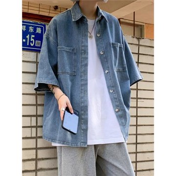 港風日系牛仔短袖襯衫男女夏季穿搭工裝襯衣外穿ins潮牌設計垂感