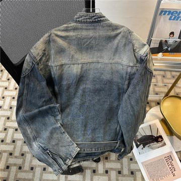 春秋季廓形做舊墊肩牛仔外套男美式復古水洗寬松拉鏈解構立領夾克