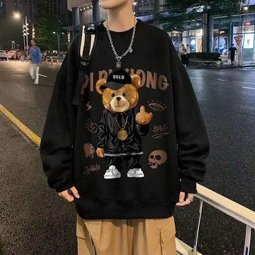 台灣出貨 男裝大尺碼M-8XL 冬天百搭上衣 卡通小熊插畫 寬版套頭設計 寬鬆長袖大學T 動物圖樣 韓系趣味風 WDN8