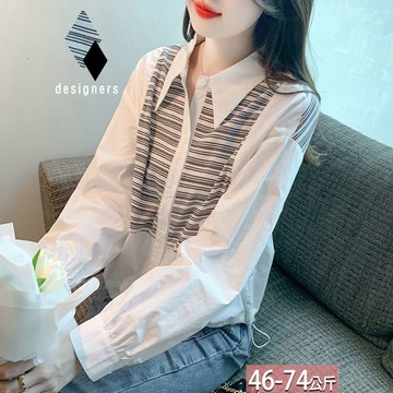 假兩件翻領橫條紋拼接抽繩上衣 M-2XL【042662X】【現+預】☆流行前線☆