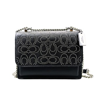 COACH KLARE黑色荔枝紋全皮飾銀色鉚釘C LOGO內雙層鍊帶方型斜背包